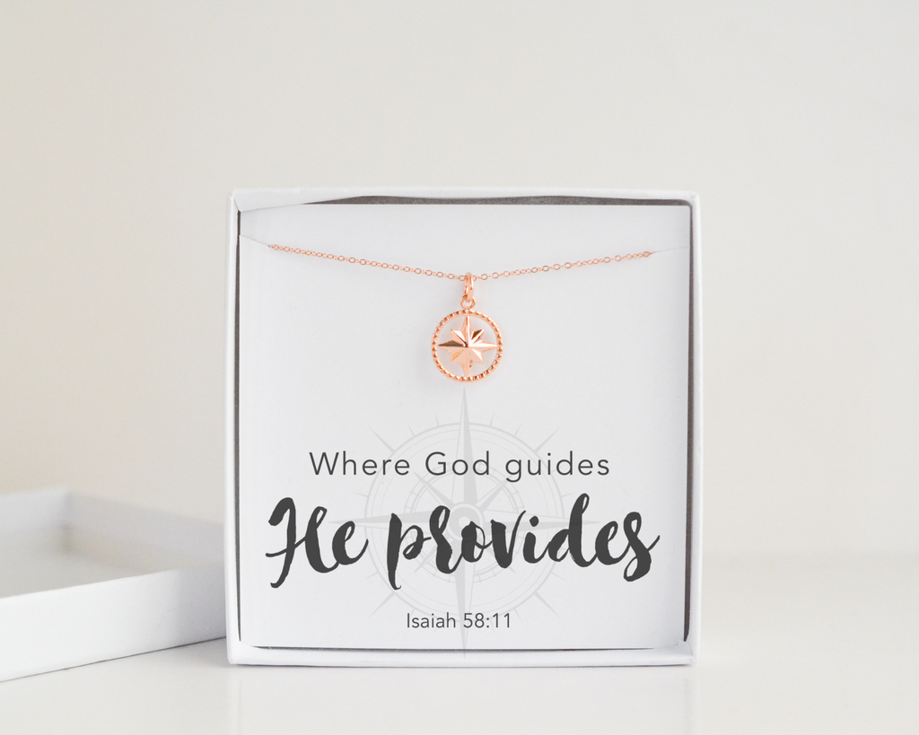 He Provides Necklace, Isaiah 58:11 Bible Verse Rose-Gold Filled Compass Necklace