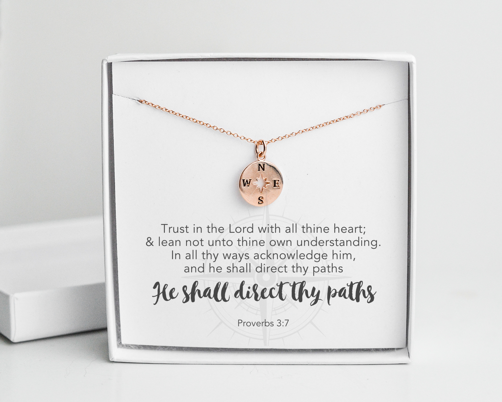 Trust in the Lord, Proverbs 3:5 Bible Verse Rose-Gold Filled Compass Necklace