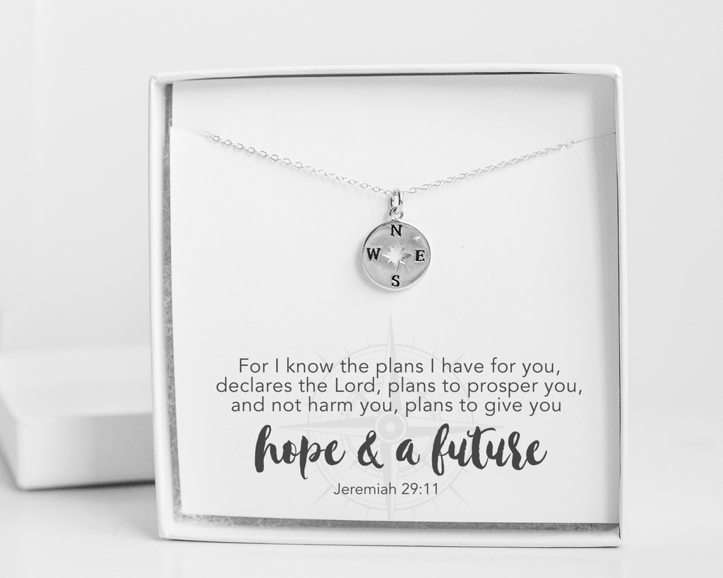 Hope and Future, Jeremiah 29:11 Bible Verse Sterling Silver Compass Necklace