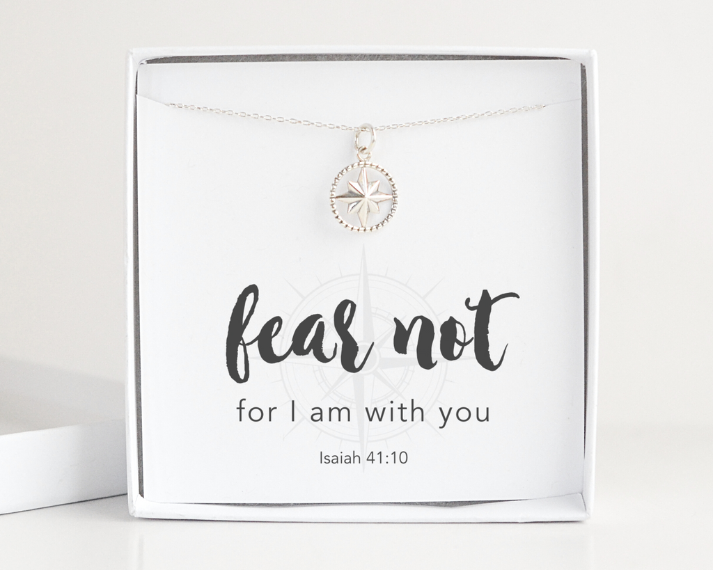 Fear Not, Isaiah 41:10 Bible Verse Sterling Silver Compass Necklace
