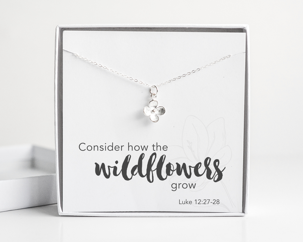 Consider the Wildflowers Grow, Luke 12:27 Bible Verse Sterling Silver Flower Necklace