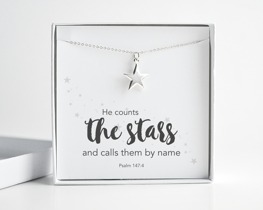 He Counts the Stars, Psalms 147:4 Bible Verse Sterling Silver Star Necklace