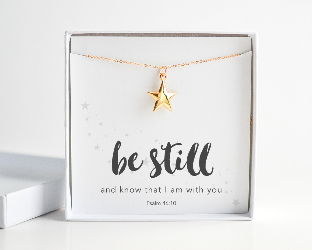 Be Still, Psalms 46:10 Bible Verse Gold Filled Star Necklace