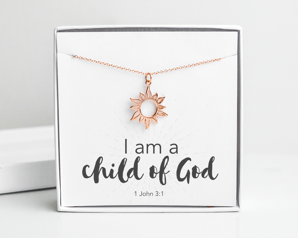 I Am a Child of God, 1 John 3:1 Bible Verse Rose-Gold Filled Sun Necklace