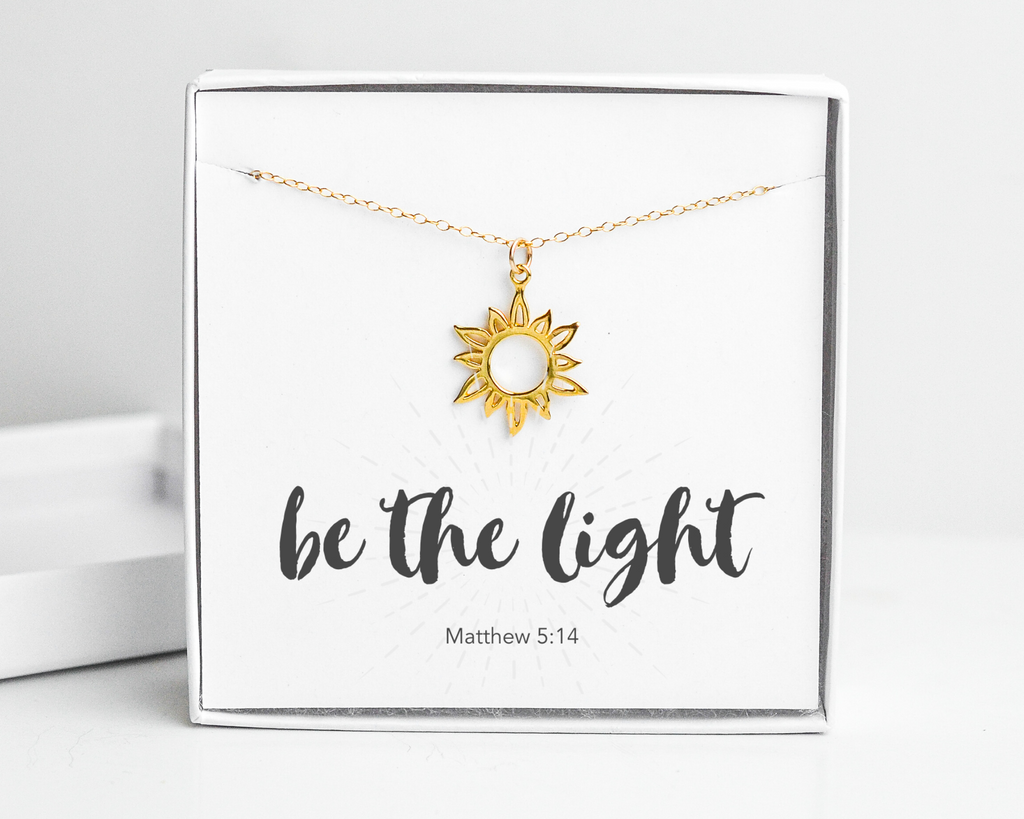 The Light Shines, John 1:5 Bible Verse Gold Filled Sun Necklace