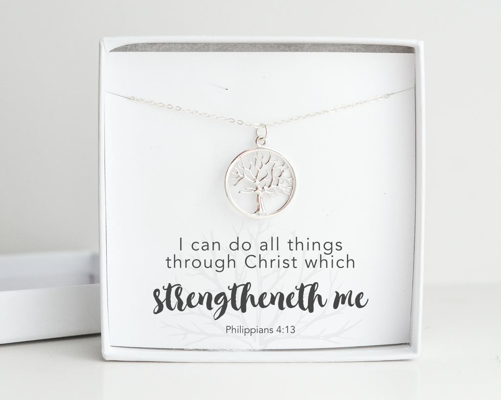 I Can Do All Things Through Christ, Philippians 4:13 Bible Verse Sterling Silver Tree Necklace