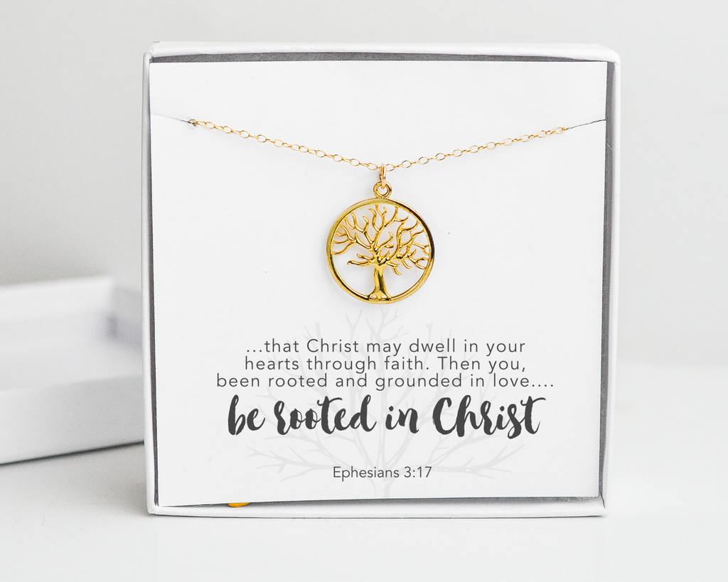 Be Rooted in Christ Necklace, Ephesians 3:17 Bible Verse Gold Filled Tree Necklace